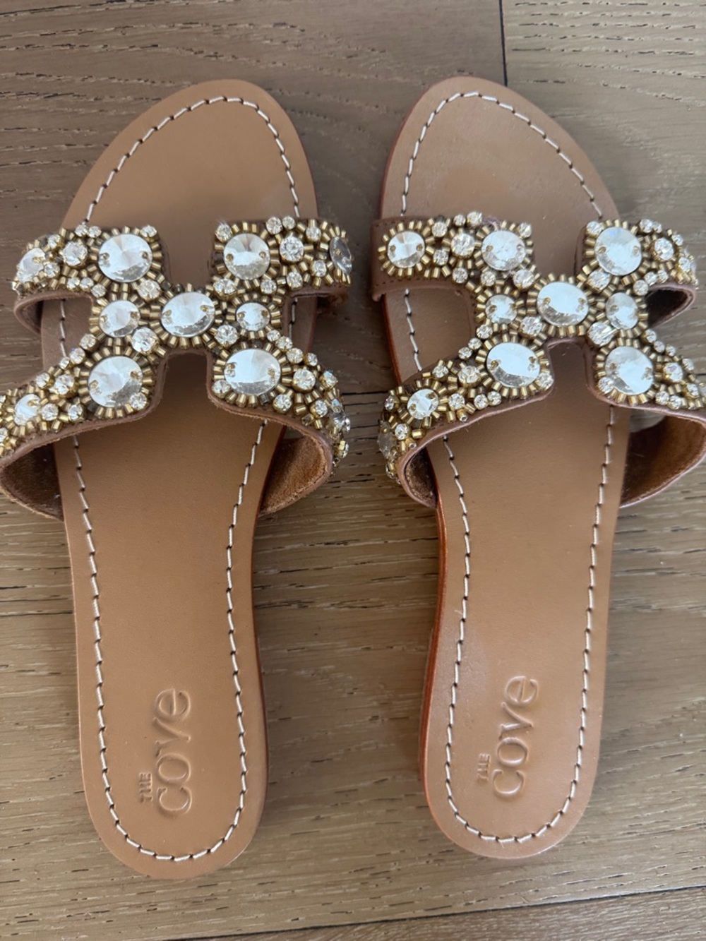 Embellished Beige Crystal Slide Sandals